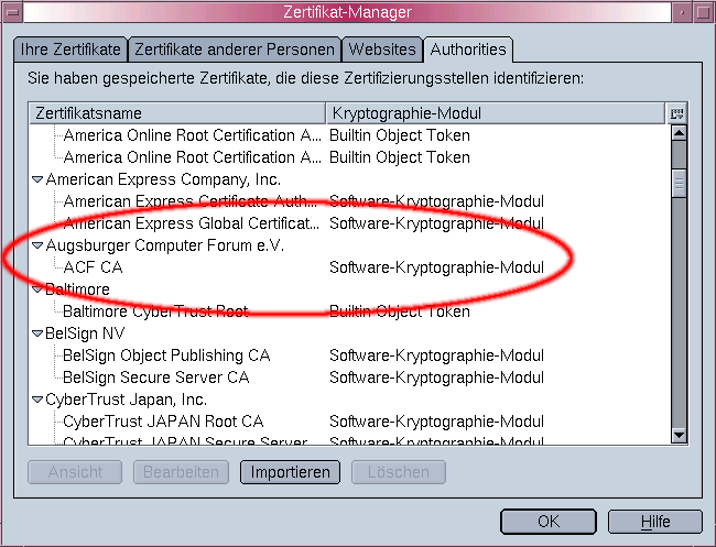 ACF CA in der Liste der vertrauenswürdigen Authorities
